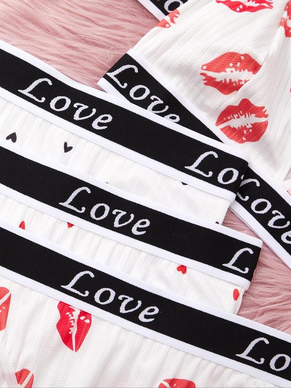 Women's Adjustable Strap Letter Tape Lingerie Set, Heart Lip Print Triangle Bra & Panty Set, Lingerie for Women, Soft Comfortable Underwear Set for Women