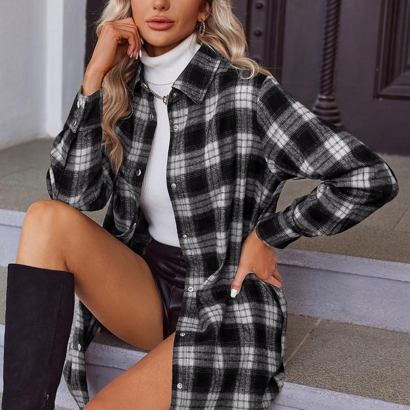 ZEAGOO Black Friday Flannel for Women 2024 Fashion Long Sleeve Plaid Button Down Shirts Shacket Blouse Top with Pockets jacket Casual Collar S-XXL