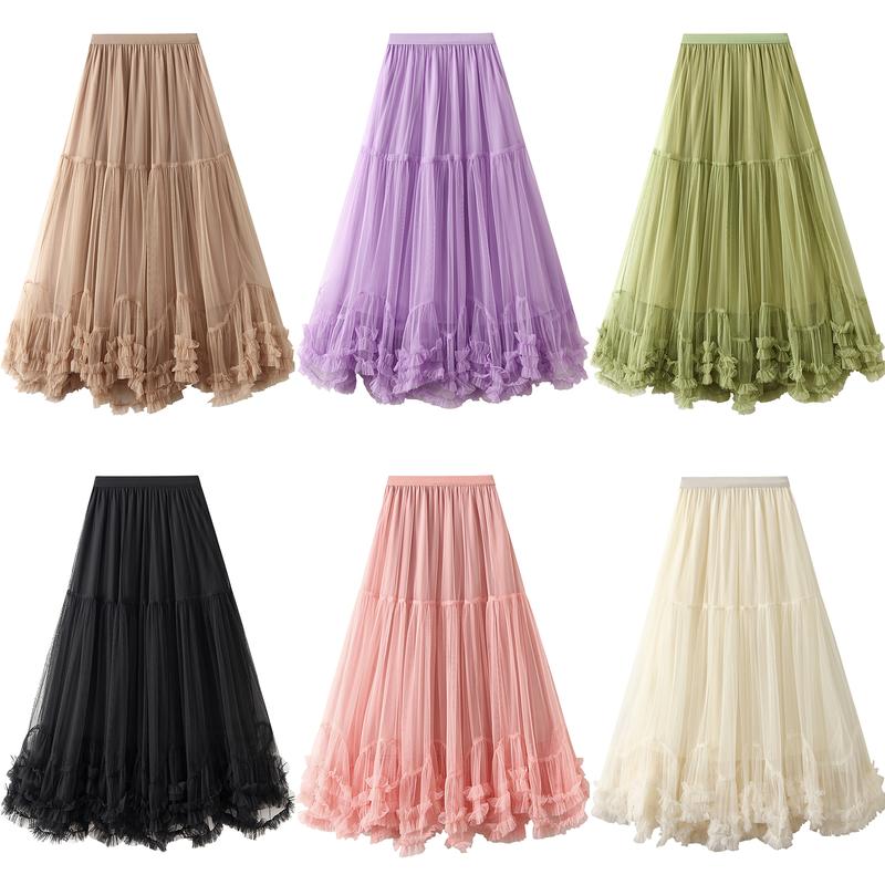 Women Layered Tulle Long Skirt US Ladies Fashion High Waist Solid Color Frill Trim Ruffle Midi Skirt