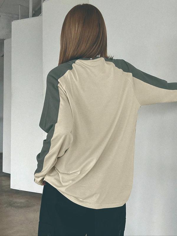 Women's Colorblock Raglan Sleeve Tee, Casual Long Sleeve Round Neck T-shirt for Summer, Ladies Clothes for Daily Wear, Downtown Girl Clothes