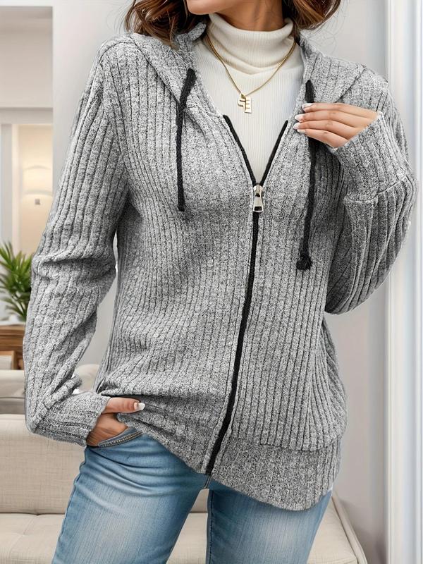 Plus Size Solid Zip Up Hooded Jacket, Casual Long Sleeve Hooded Outerwear for Daily Wear, Women's Plus Clothing for All Seasons