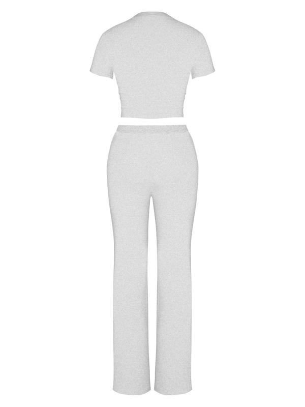 Women's Solid Color Ribbed Drawstring Waist Lounge Set, Casual Comfy Round Neck Crop Tee & Wide Leg Pants Loungewear Set,  Pajama Sets Women, Nightwear Sets, Ladies Sleepwear for All Seasons