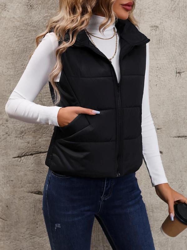 Women's Solid Zip Up Puffer Vest Coat, Casual Pocket Thermal Outerwear for Fall & Winter, Sleeveless Warm Jacket, Going Out Top, Women's Clothing for Daily Wear