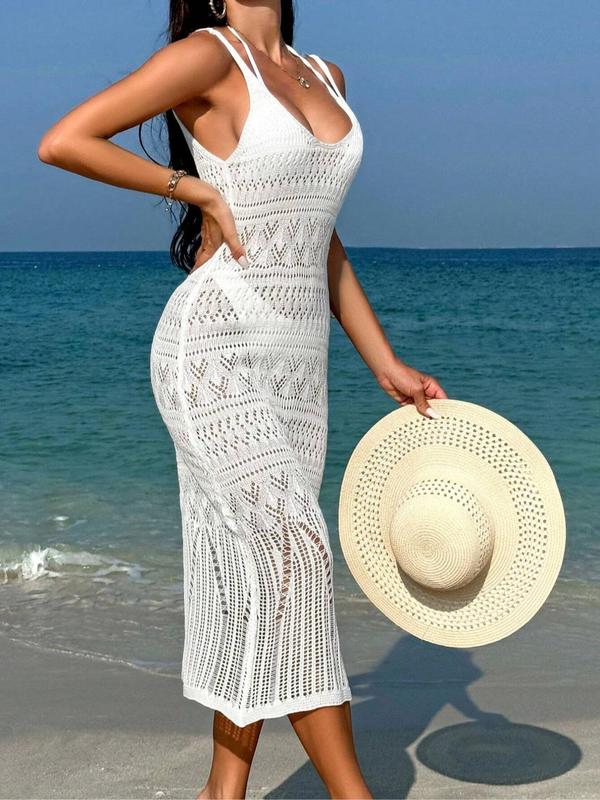 Women's Plain Backless Hollow Out Cover Up Dress, Casual Scoop Neck Long Dress for Summer Beach Holiday, Ladies Clothes