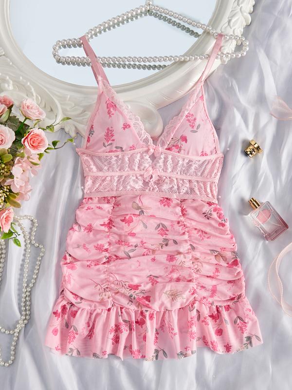 Women's lace Lingerie dress Floral Print doll peplum sexy backless nightdress