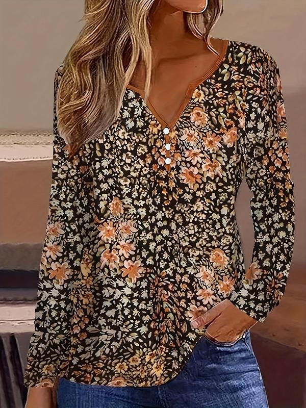 Women's Ditsy Floral Print Contrast Binding Half Button Tee, Casual Long Sleeve Notched Neck T-Shirt for Daily Wear, Ladies Clothes for All Seasons