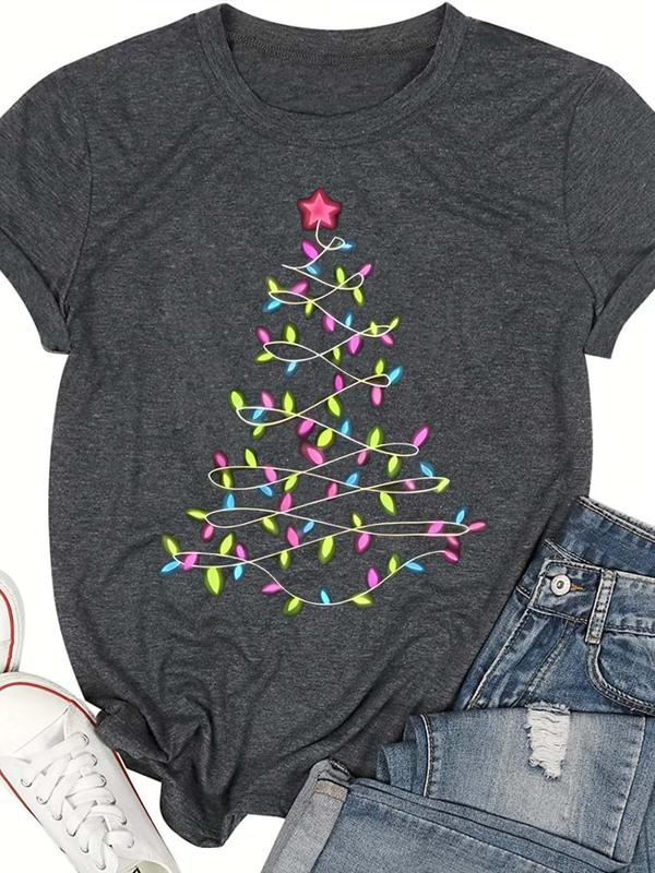  Christmas Tree Print Round Neck Tee, Casual Short Sleeve Crew Neck T-Shirt for All Seasons, Women's Clothing for Daily Wear