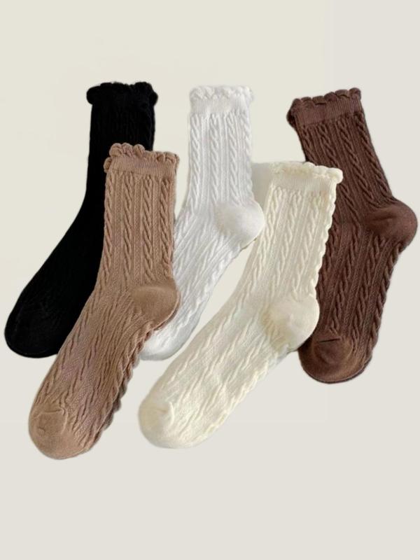 Women's Solid Lettuce Trim Mid-calf Socks, Casual Comfy Breathable Socks for Daily Wear, Women's Socks for All Seasons