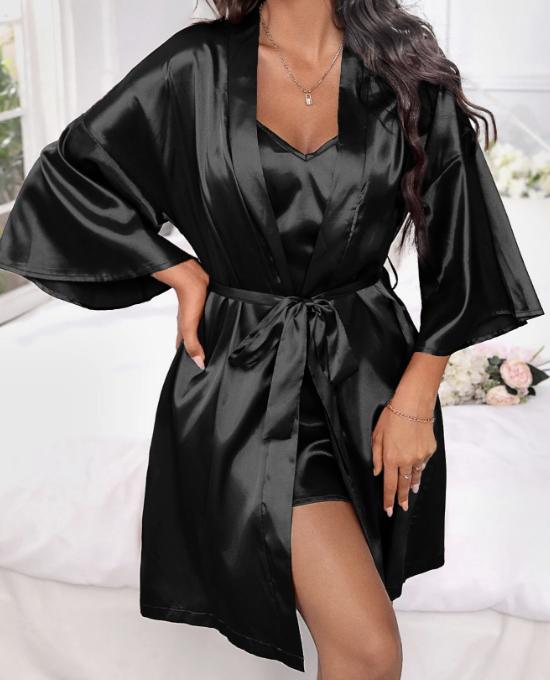 pj robe Drop Shoulder Satin Robe & Cami Dress PJ Set   Pajama Set Loungewear Womenswear Nightwear Women