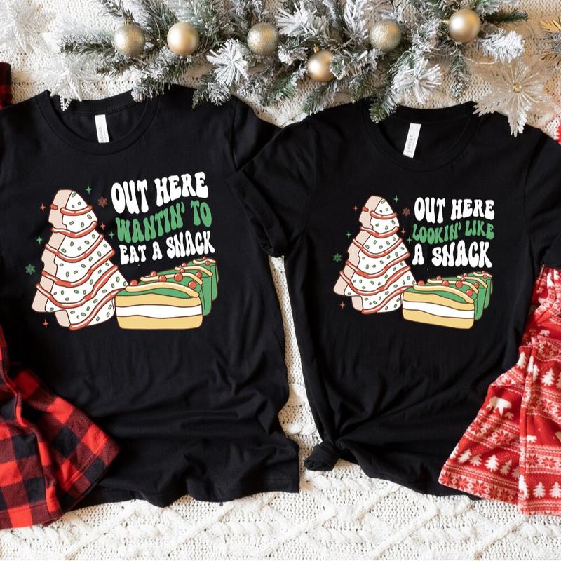 Christmas Tree Cake Funny Matching Couples Christmas  Black TShirts, Couples Christmas Pajamas, Christmas Couple, Out Here Lookin Like a Snack Tees, Family Xmas Shirt