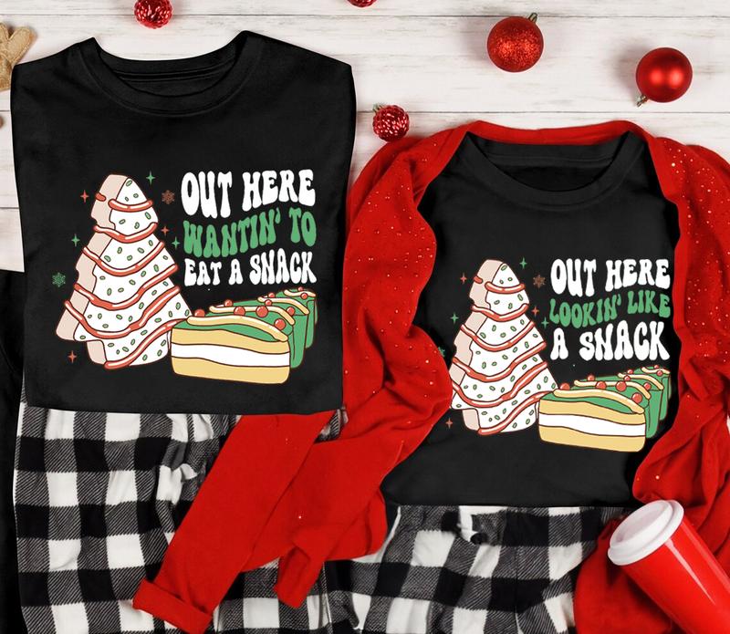 Christmas Tree Cake Funny Matching Couples Christmas  Black TShirts, Couples Christmas Pajamas, Christmas Couple, Out Here Lookin Like a Snack Tees, Family Xmas Shirt