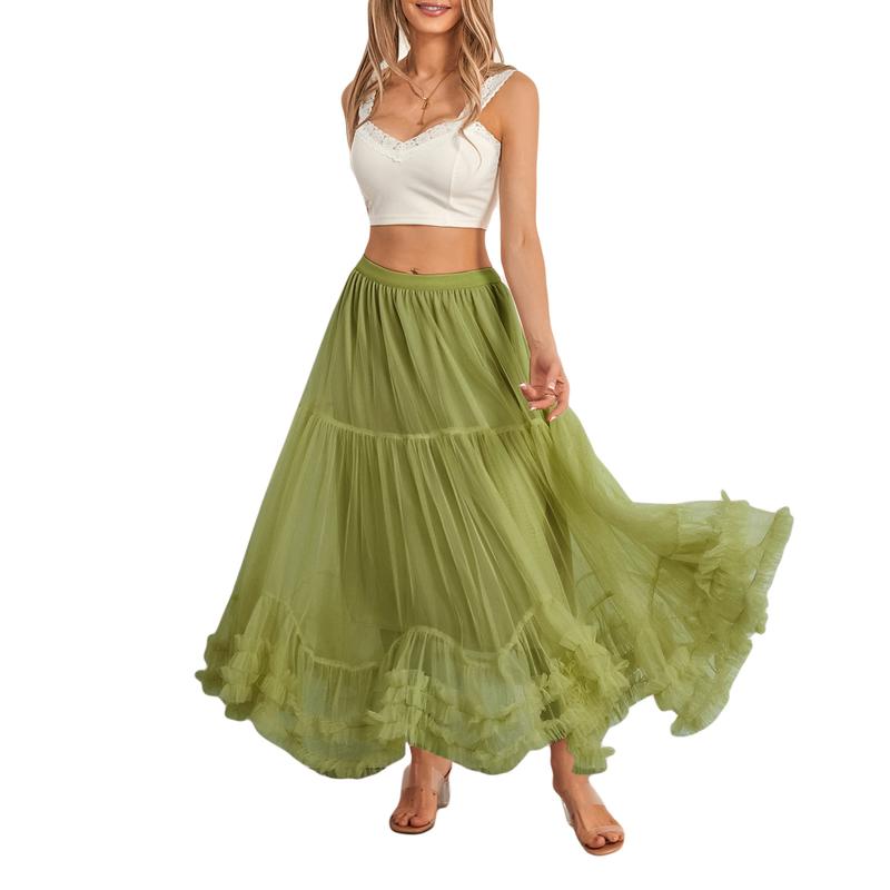 Women Layered Tulle Long Skirt US Ladies Fashion High Waist Solid Color Frill Trim Ruffle Midi Skirt