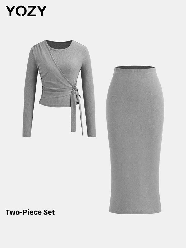 YOZY Christmas Deals, [size 4-14] Solid Ribbed Knot Side Top & High Waist Split Hem Skirt Set, Casual Long Sleeve Round Neck Top & Midi Skirt, 2024 Women's Spring & Fall Outfits for Daily Wear, [S-XXL], Christmas 2024 Trend, Fall & Winter Outfits