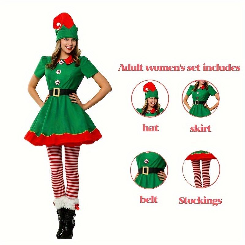 A Set of 4 Pieces Including Women's Christmas Elf Costume-Polyester Elf Dress, Hat, Belt, Striped Long Socks, Suitable for Holiday Parties and Halloween-Universal Adult Novelty Costume, No Feather, No Electricity