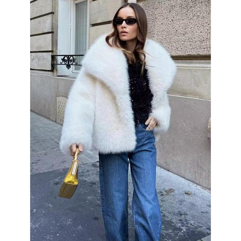 Women's Solid Color Faux Fur Fuzzy Jacket, Casual Long Sleeve Collared Fuzzy Coat for Fall & Winter, Women's Clothing for Daily Wear Womenswear Tops