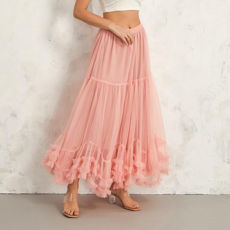 Women Layered Tulle Long Skirt US Ladies Fashion High Waist Solid Color Frill Trim Ruffle Midi Skirt