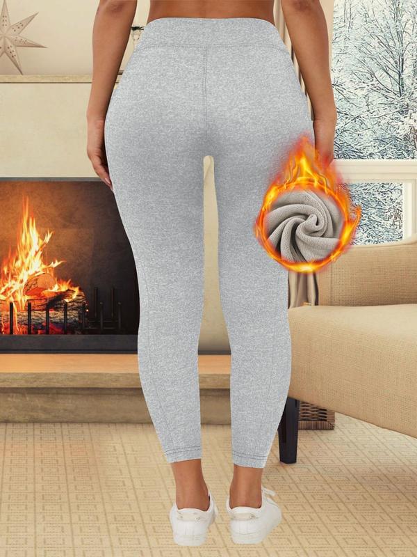  Solid High Waist Pocket Thermal Lined Leggings, Casual Comfy Warm Skinny Pants for Women, Women's Bottoms for Fall & Winter