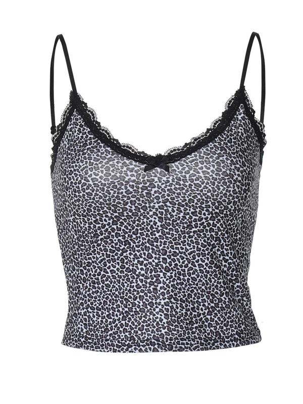 Women's Leopard Print Lace Trim Crop Cami Top, Casual Sleeveless V Neck Top for Summer, Women's Clothing for Daily Wear