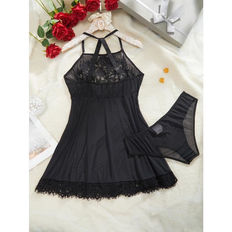 Plus Size Sexy Lingerie Dress Set, Women's Hot Floral Lace Scalloped Trim Halter Mesh Dress With Panty Lingerie 2 Piece Set