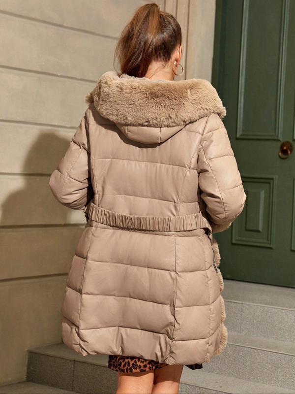 Women's Solid Color Belted Faux Fur Trim Hooded Coat, Elegant Zipper Thermal Long Coat for Fall & Winter, Women's Clothing for Daily Wear