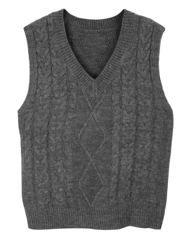 Women's Solid V Neck Cable Knit Vest Sweater, Casual Sleeveless Jumper Vest for Fall & Winter, Fashion Ladies' Knitwear for Daily Wear