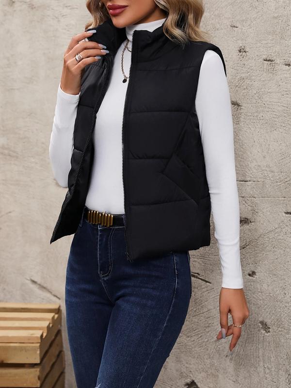 Women's Solid Zip Up Puffer Vest Coat, Casual Pocket Thermal Outerwear for Fall & Winter, Sleeveless Warm Jacket, Going Out Top, Women's Clothing for Daily Wear