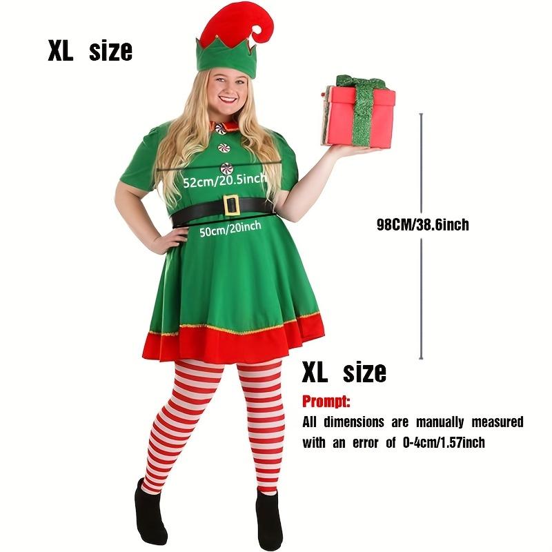 A Set of 4 Pieces Including Women's Christmas Elf Costume-Polyester Elf Dress, Hat, Belt, Striped Long Socks, Suitable for Holiday Parties and Halloween-Universal Adult Novelty Costume, No Feather, No Electricity