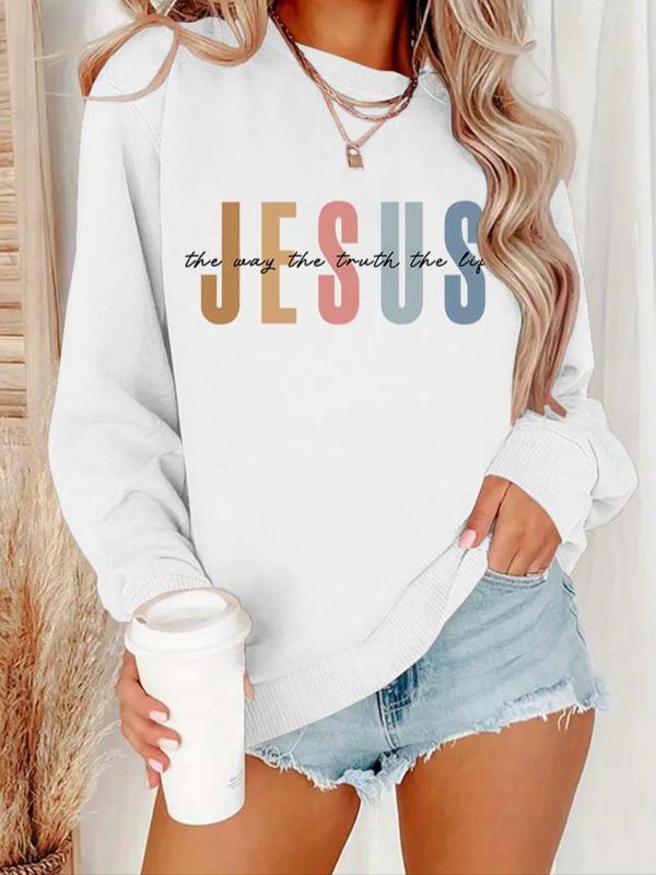 Women's Letter Print Drop Shoulder Sweatshirt, Casual Long Sleeve Round Neck Pullover for Fall & Winter, Women's Clothes for Daily Wear