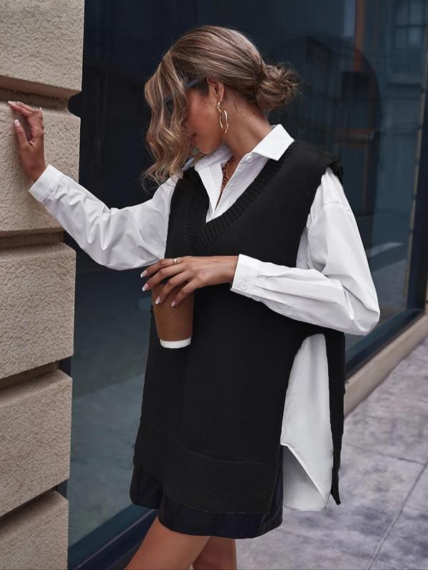 Women's Plain Split Hem V Neck Sweater Vest, Casual Sleeveless Jumper Vest for Spring & Fall, Fashion Women's Knitwear for Daily Wear