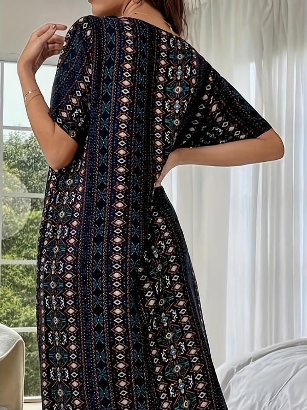 Women's Ethnic Pattern Round Neck Nightdress, Casual Comfy Short Sleeve Nightgown, Women Loungewear for Summer Daily Home Wear