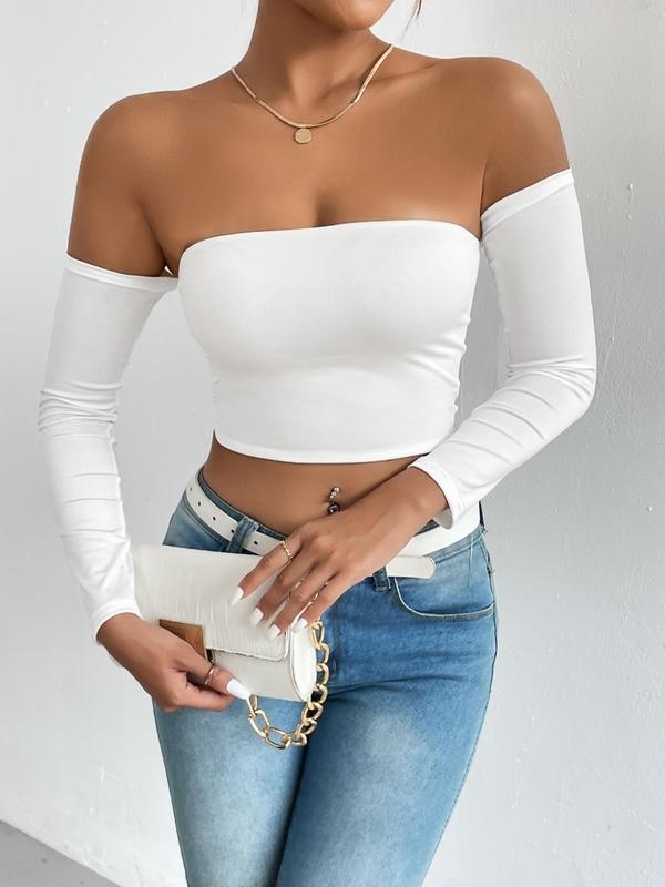 Women's Solid Off Shoulder Long Sleeve Crop Tee, Going Out Tops, Summer Clothes, Casual Tight Top for Spring & Fall, Clubbing Outfits, Lady Clothes for Daily Wear Downtown Girl Clothes