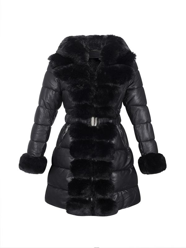 Women's Solid Color Belted Faux Fur Trim Hooded Coat, Elegant Zipper Thermal Long Coat for Fall & Winter, Women's Clothing for Daily Wear