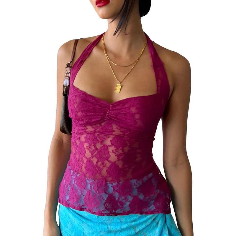 Women Y2K Lace Halter Top Sexy Tie Back Low Cut Camisoles Sheer Lace Backless Tie Up Spaghetti Strap Tank Top Summer Going Out Tops