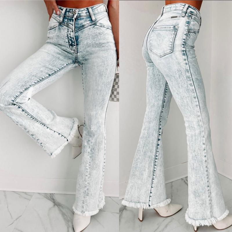 Kancan Acid Wash High Rise Flare Denim Jeans Womenswear Bottom Leg Spandex Button Chic Fashion Style Zipper Pants Streetwear Trouser Light