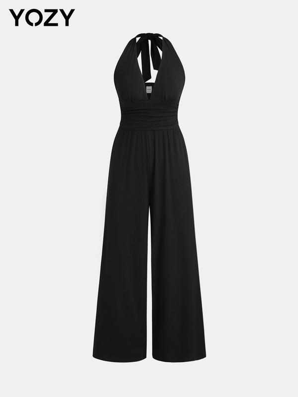 YOZY Women's Solid Ruched Tie Back Halter Jumpsuit, Casual Fashion Wide Leg Jumpsuit for Daily Wear, Ladies Clothes for All Seasons