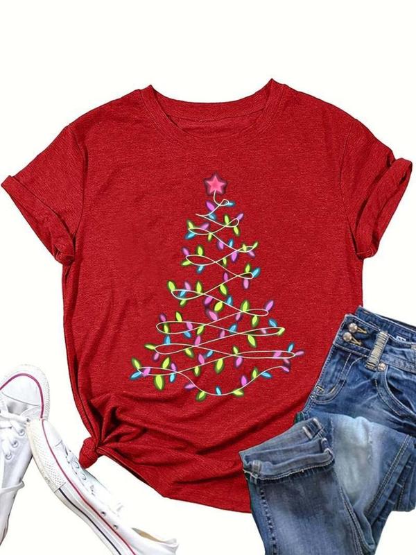  Christmas Tree Print Round Neck Tee, Casual Short Sleeve Crew Neck T-Shirt for All Seasons, Women's Clothing for Daily Wear