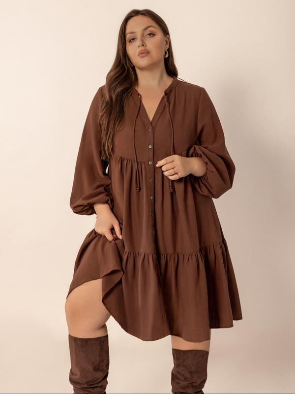  Solid Color Button Front Ruffle Hem Tie Neck Dress, Casual Fashion Bishop Sleeve Dress for Daily Outdoor Wear, Women Clothing for Fall & Winter Long Sleeve