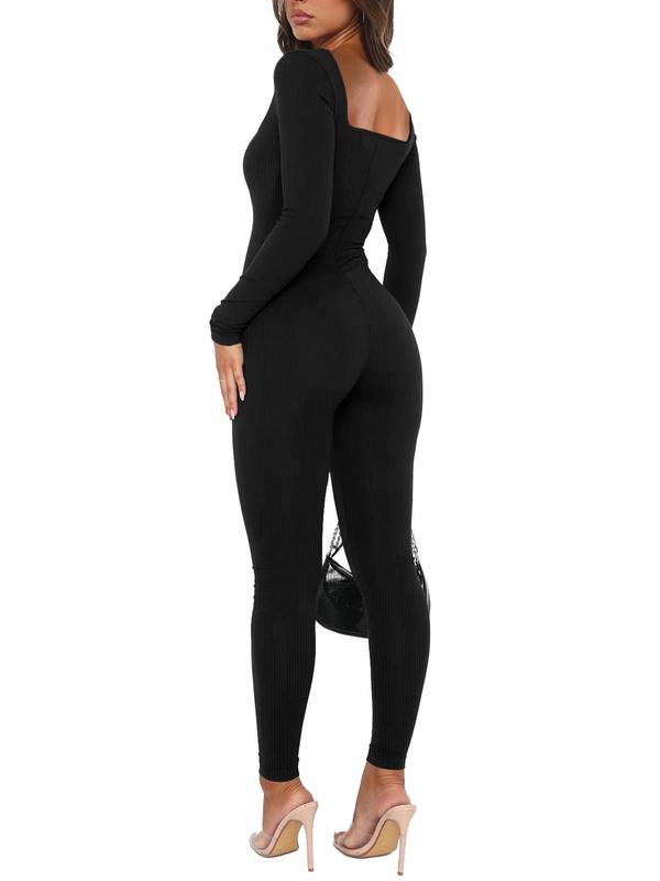 Women's Solid Ribbed Square Neck Sports Jumpsuits , Casual Sporty Comfy Breathable Long Sleeve Jumpsuits  for Yoga Gym Workout, Ladies Sportswear for All Seasons