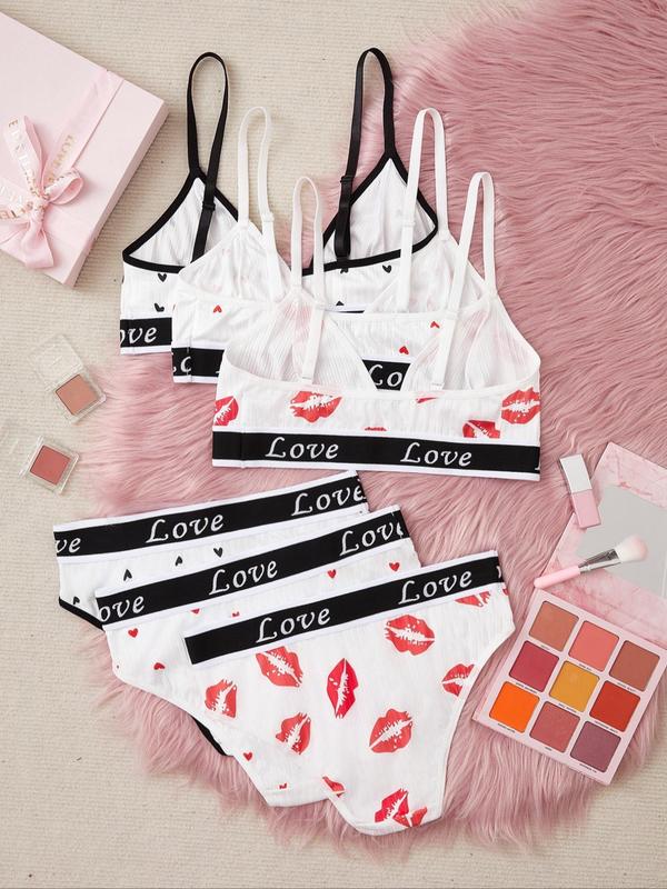 Women's Adjustable Strap Letter Tape Lingerie Set, Heart Lip Print Triangle Bra & Panty Set, Lingerie for Women, Soft Comfortable Underwear Set for Women