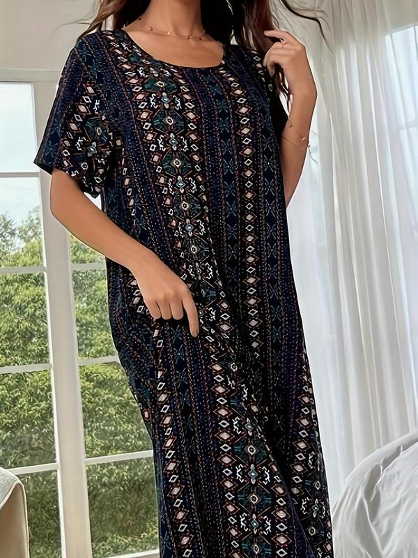 Women's Ethnic Pattern Round Neck Nightdress, Casual Comfy Short Sleeve Nightgown, Women Loungewear for Summer Daily Home Wear