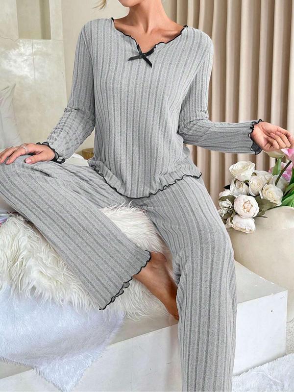 Two-Piece Set Women's Solid Lettuce Trim Ribbed Pajama Set, Casual Bow Decor Long Sleeve Top & Elastic Waist Pants PJ Set, Women's Sleepwear for Spring & Fall