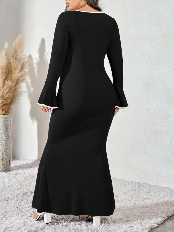 CURVZY Plus Size Contrast Binding Flounce Sleeve Dress, Elegant Scoop Neck Long Sleeve Dress for Party Holiday Wedding Guest, Women's Clothes for Spring & Fall