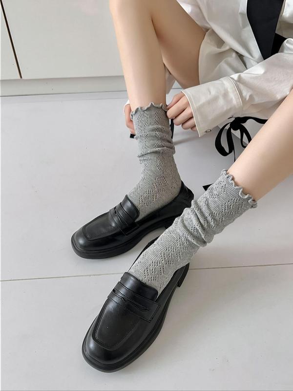 Women's Solid Lettuce Trim Crew Socks, Casual Comfy Breathable Mid-calf Socks for Daily Wear, Women's Socks for All Seasons