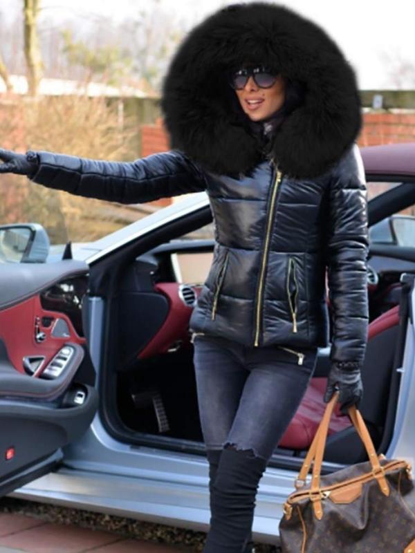 Women's Solid Zip Up Pocket Contrast Faux Fur Hooded Quilted Coat, Casual Long Sleeve Thermal Outerwear for Fall & Winter, Women's Clothing for Daily Wear