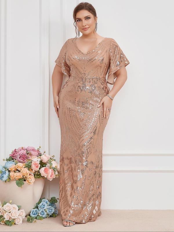 Plus Size Glittering Sequin Random Pattern V Neck Flounce Sleeve Evening Dress, Summer Clothes Women, Elegant Short Sleeve Long Dress for Evening Party Banquet, Women's Clothes for Summer