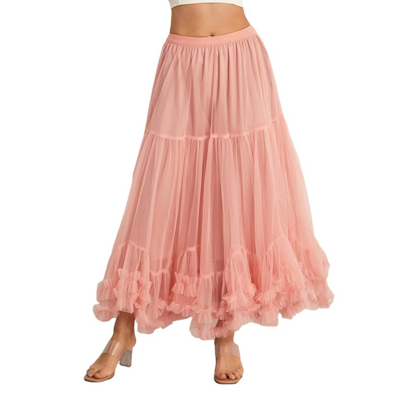 Women Layered Tulle Long Skirt US Ladies Fashion High Waist Solid Color Frill Trim Ruffle Midi Skirt