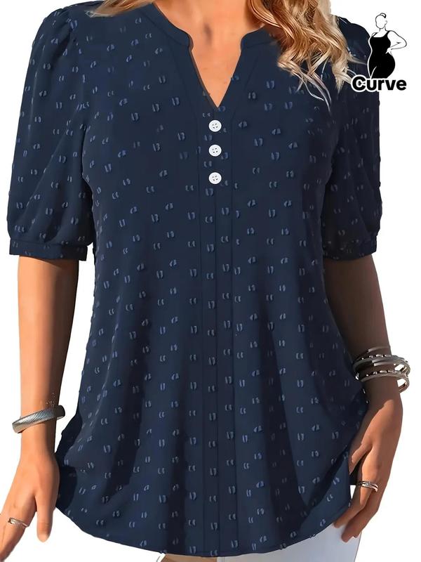  Swiss Dot Button Front Blouse, Casual Half Sleeve Notched Top, Holiday Outfits, Clothes Women, Summer Tops