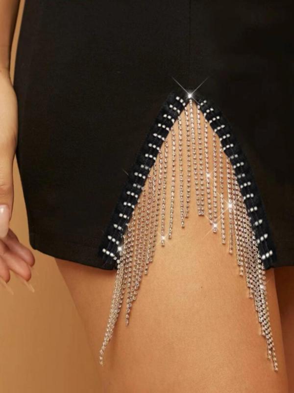 Women's Rhinestone Fringe Split Thigh Bodycon Skirt, Elegant Zipper Back High Waist Mini Skirt for Party Club Dating, Ladies Bottoms for All Seasons