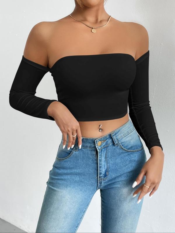 Women's Solid Off Shoulder Long Sleeve Crop Tee, Going Out Tops, Summer Clothes, Casual Tight Top for Spring & Fall, Clubbing Outfits, Lady Clothes for Daily Wear Downtown Girl Clothes