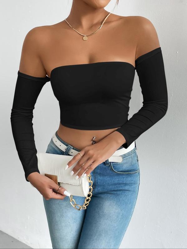 Women's Solid Off Shoulder Long Sleeve Crop Tee, Going Out Tops, Summer Clothes, Casual Tight Top for Spring & Fall, Clubbing Outfits, Lady Clothes for Daily Wear Downtown Girl Clothes